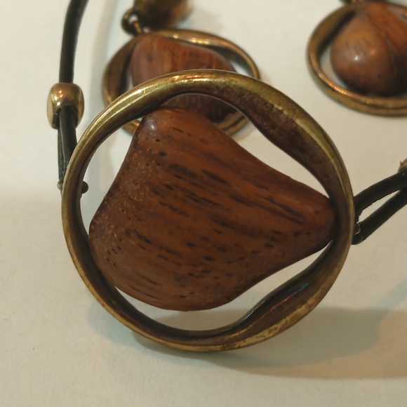 Vintage Tropical Wood Gold Bracelet Earrings Set Brown Black Bohemian Retro 70s - Picture 4 of 10